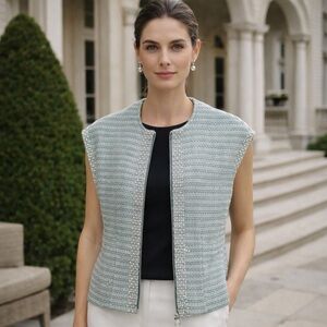 St. John- sleeveless, embellished, metallic tweed top size 2  blue/silver